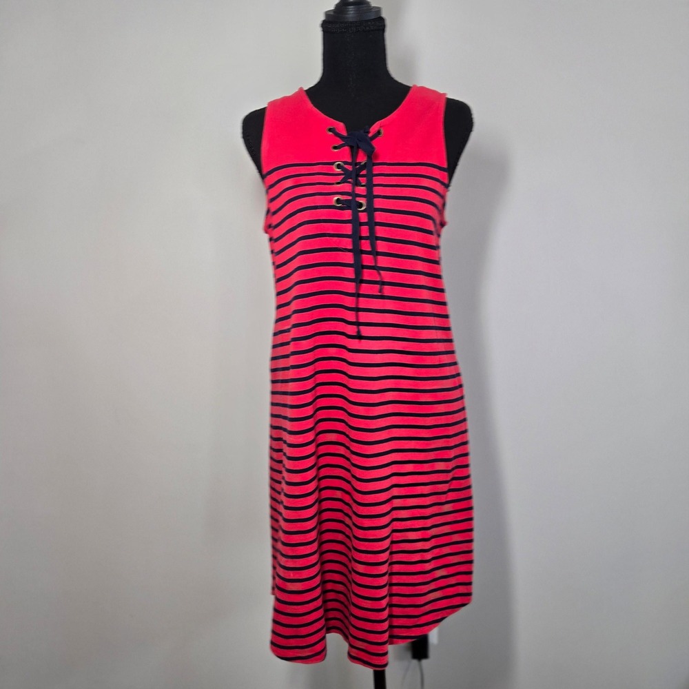 Talbots Shift Dress Women S Red Excellent Striped Lace Up Cotton Sleeveless (D6)